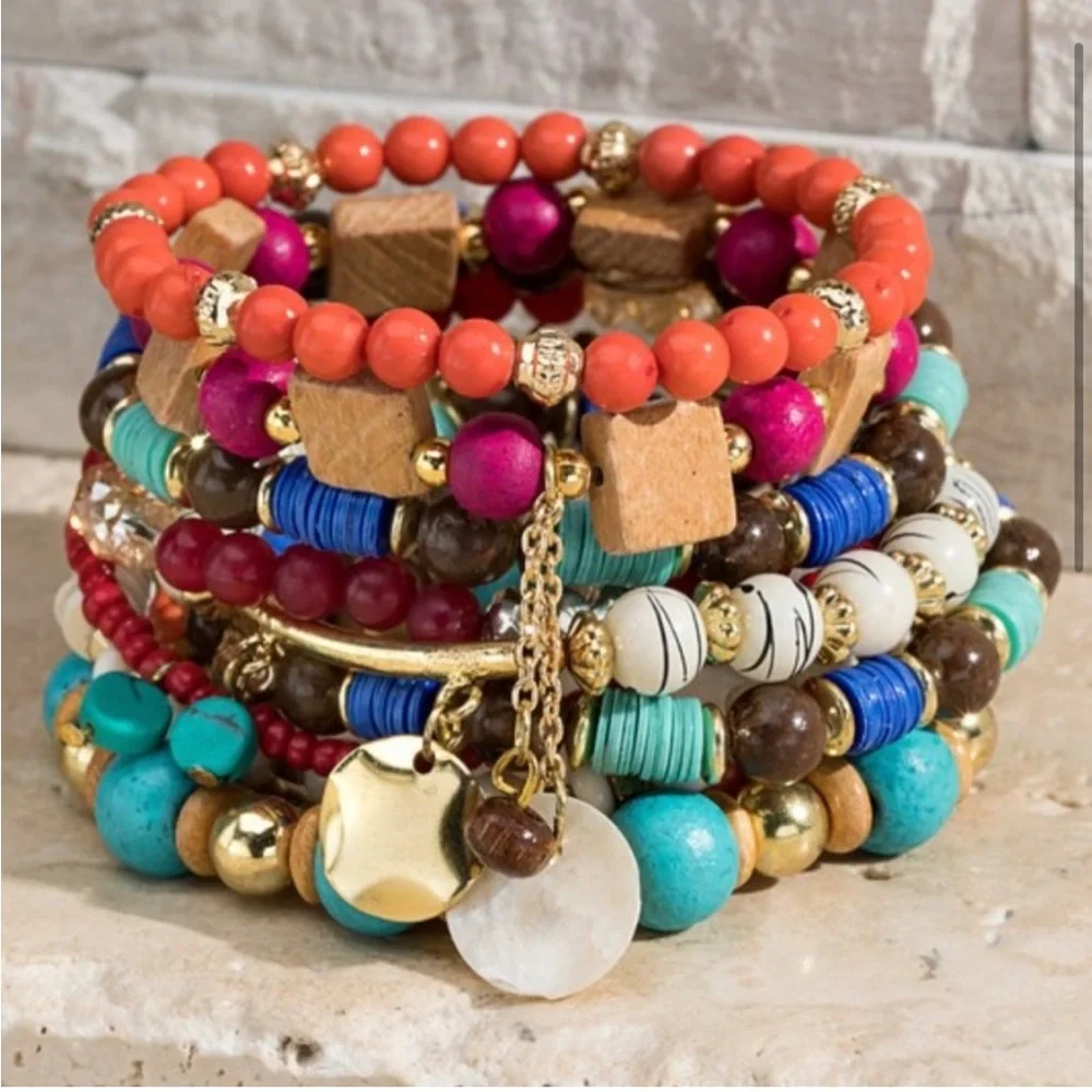Multi Bead 10 Set Bracelet Boho Style - Picture 2 of 5